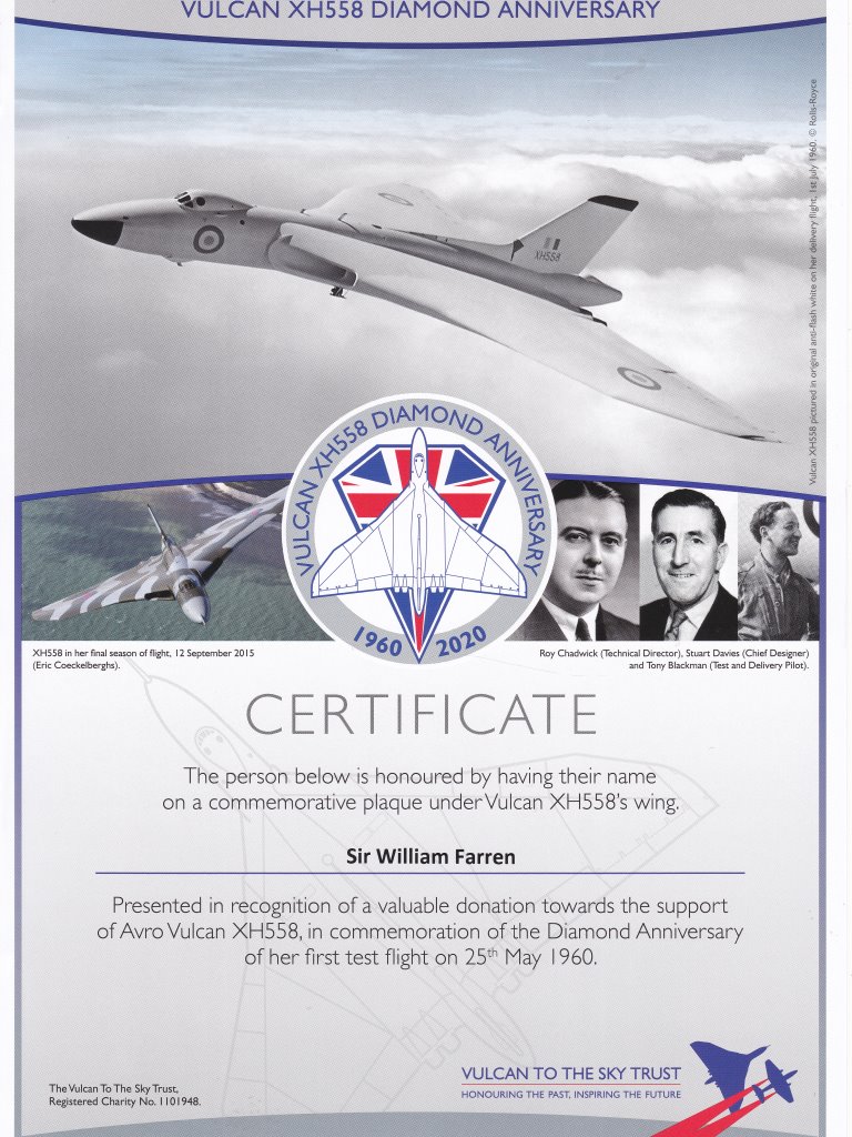 Vulcan Diamond Anniversary Sir William Farren certWEB