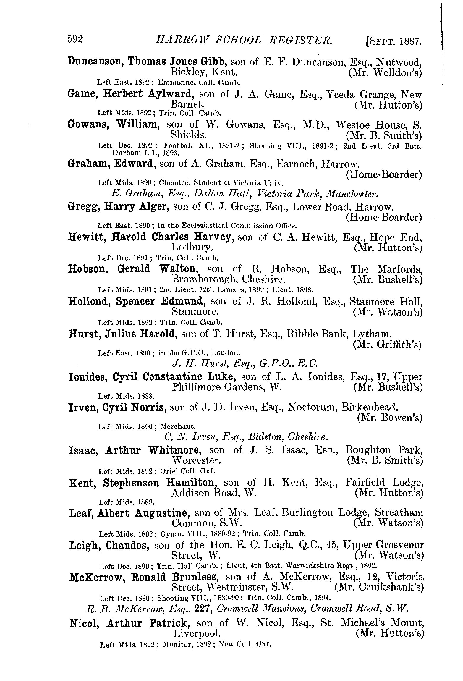 Julius Harold Hurst Harrow Lytham record 1887