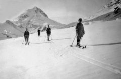 Mildred leading the way - ski-ing holiday, unknown location and date.