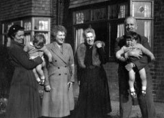 1954: Six Hookes - Granny, Ella, Mildred & Cyril with twins, Kathy & Graham. Grandpa had a sure, but unorthodox grip on me!
